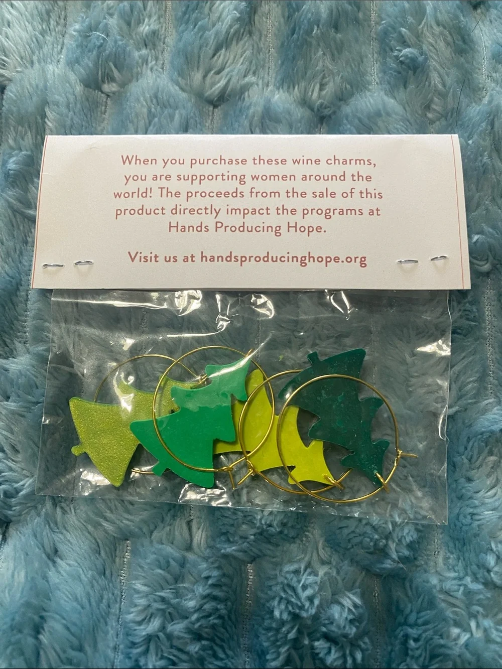Hands Producing Hope Wine Glass Charms - Green Christmas Tree Set